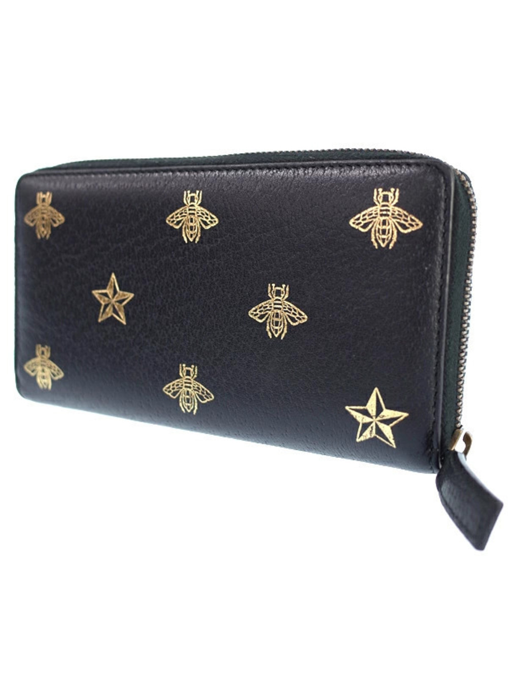 Gucci Leather Zipper Bee Wallet Long Round Star Black